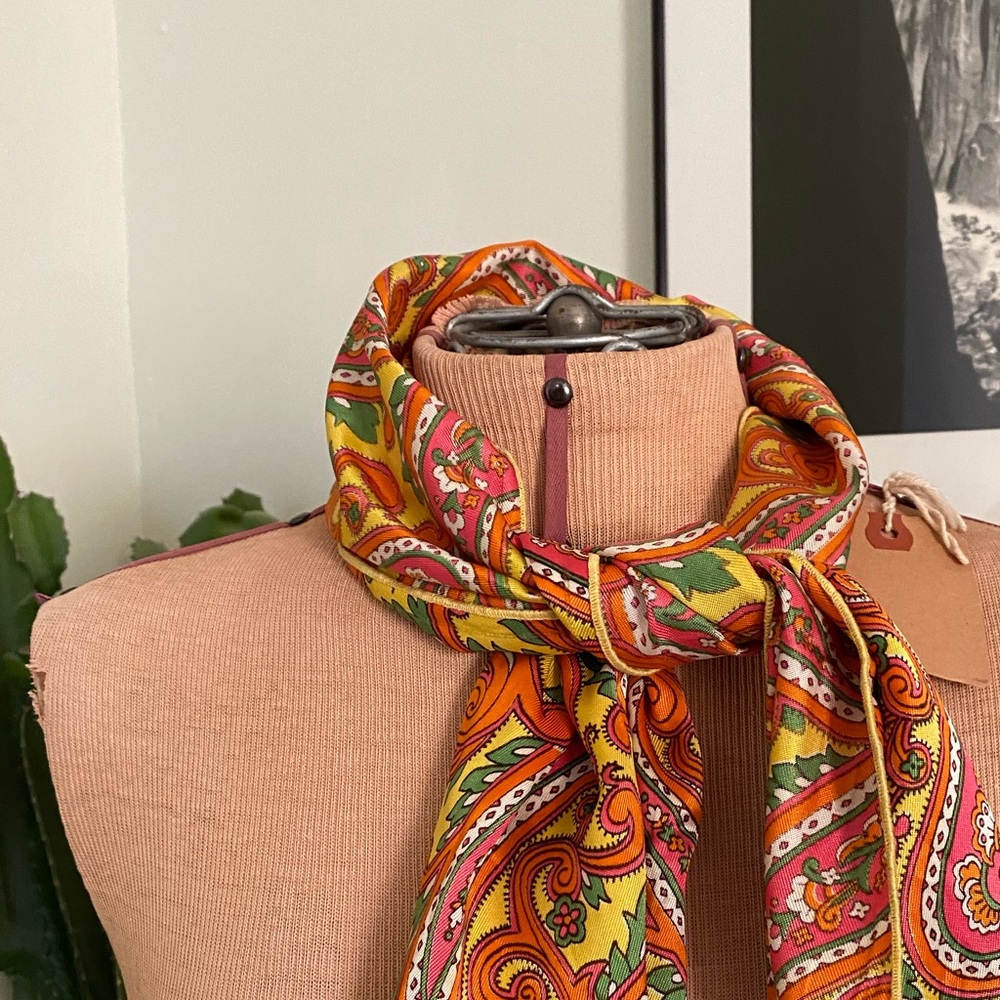 Vintage 60s Groovy Paisley Scarf | Retro Pink Orange Mod Boho Aesthetic